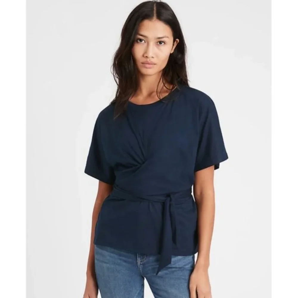 Banana Republic Short Sleeve Supima Wrap Tee Navy L - Picture 1 of 7